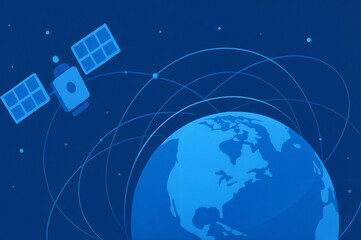 Satellite orbiting Earth with communication lines, flat vector illustration