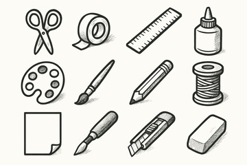Fototapeta premium Icon palette thread vector crafting tools paint tape icons sheet knife brush