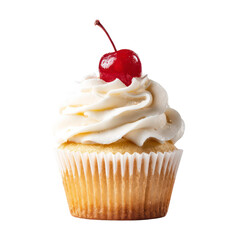 3D render of a classic cupcake with cream swirl and cherry on top, isolated