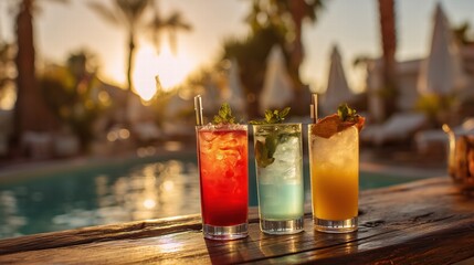 Three tropical cocktails at poolside bar during golden hour, backlit by sunset creating warm glow through glasses, palm trees in soft bokeh background