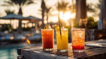 Three tropical cocktails at poolside bar during golden hour, backlit by sunset creating warm glow through glasses, palm trees in soft bokeh background