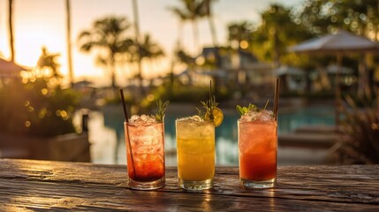 Three tropical cocktails at poolside bar during golden hour, backlit by sunset creating warm glow through glasses, palm trees in soft bokeh background