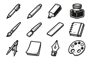 Obraz premium Brush ruler tools palette vector drawn pad bottle icon marker eraser pencil