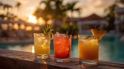 Three tropical cocktails at poolside bar during golden hour, backlit by sunset creating warm glow through glasses, palm trees in soft bokeh background