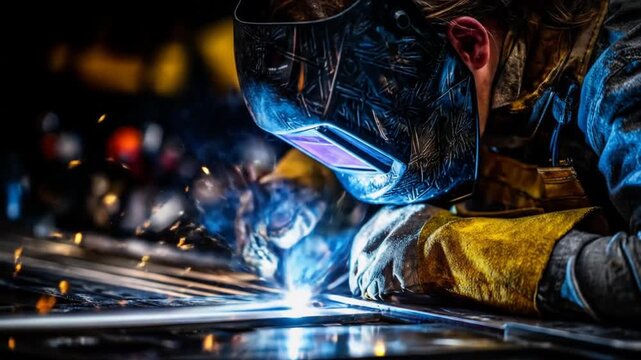 Welder in action sparks and light in industrial manufacturing process