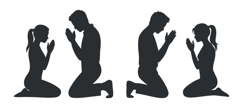 Silhouettes of People Praying on Their Knees in Different Poses in Dark Color Isolated on Transparent Background Vector Illustration
