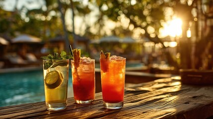 Three tropical cocktails at poolside bar during golden hour, backlit by sunset creating warm glow through glasses, palm trees in soft bokeh background