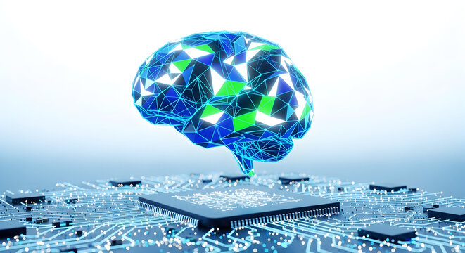 A bright futuristic AI brain made of glowing geometric patterns, floating above a digital circuit board, with a white and light blue background