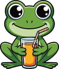 Cute cartoon green frog character holding a glass of orange juice with a straw and smiling happily isolated on transparent background
