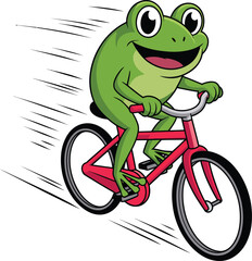 Cartoon illustration of a happy green frog riding a red bicycle with speed lines indicating motion isolated on transparent background