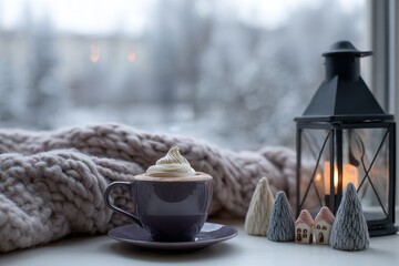 Warm beverage with whipped topping sits beside a glowing lantern on a windowsill overlooking a frosty outdoor scene