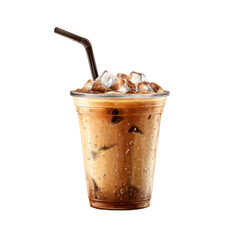 Iced coffee latte in plastic takeaway cup with straw and ice cubes isolated on white background