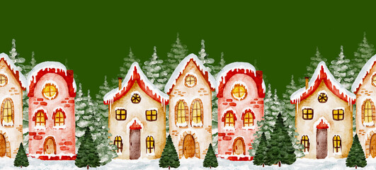 Watercolor winter seamless border pattern, village with trees on green background.