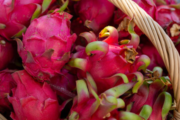 Dragon fruit texture and details. Tropical dragon fruit with bright colors. Fresh dragon fruit on...