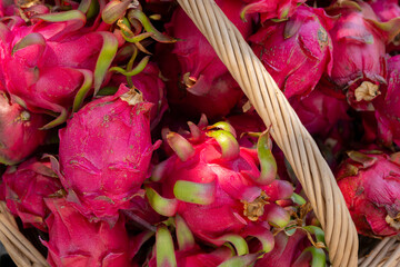 Dragon fruit texture and details. Tropical dragon fruit with bright colors. Fresh dragon fruit on display.