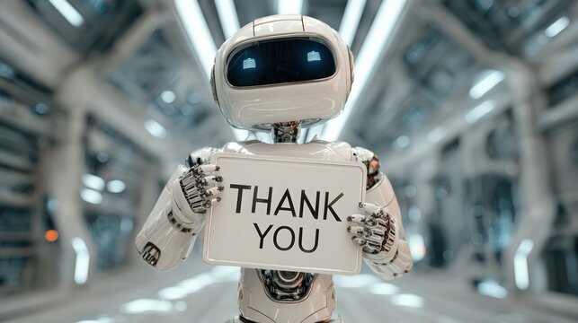 Futuristic Android Holding Thank You Sign in Sci-Fi Office Hallway