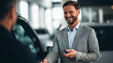 Smiling Man in Grey Blazer Receiving Car Keys at Bright Dealership