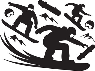 Snowboarder Silhouettes with Mountains and Helmets