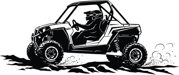 Black and white illustration of a person driving a side by side A T V, side by side, atv, utv, all terrain vehicle, off road, driving, person, helmet, goggles, steering wheel, vehicle, transportation,