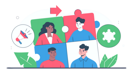 Teamwork concept showing people connecting puzzle pieces