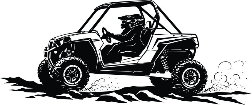 Black and white illustration of a person driving a side by side A T V, side by side, atv, utv, all terrain vehicle, off road, driving, person, helmet, goggles, steering wheel, vehicle, transportation,