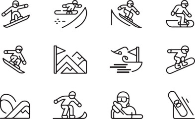 Snowboarding Icons Set With Various Actions And Elements
