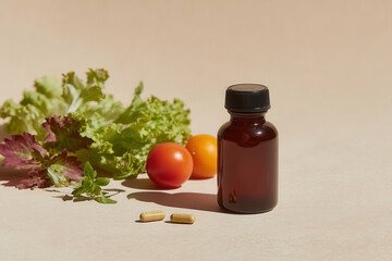 visually appealing arrangement of fresh vegetables and fruits with vitamin tablets on clean background