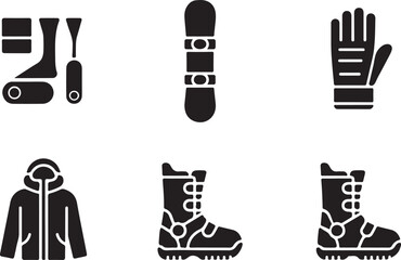 Snowboarding Gear Icons Set Black Silhouette boots