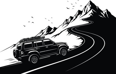 Black and white off road vehicle driving on mountain road, 4x4, adventure, all terrain vehicle, black and white, car, cliff, driving, expedition, exploration, extreme, freedom, graphic, journey, lands