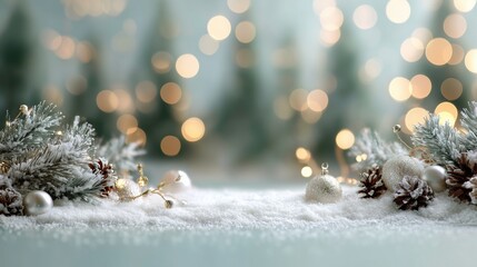 Elegant white Christmas background decorated with green fir branches, golden ornaments, pine cones, and delicate festive decorations, minimalistic and bright winter holiday theme 