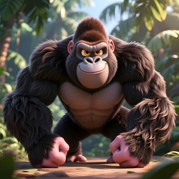Powerful 3D Animated Gorilla Character with an Intimidating Stance and a Slight Grin Standing in a Lush Jungle Environment
