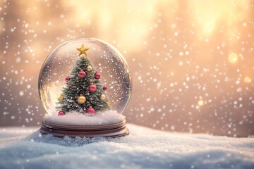 Miniature decorated evergreen stands inside a glass globe amidst falling snow and warm light