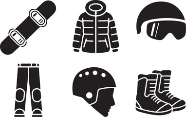 Winter Sports Gear Icons Set Black Silhouette snowboard