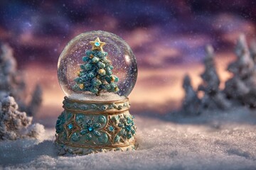 Ornate holiday snow globe rests upon freshly fallen snow under a twilight sky