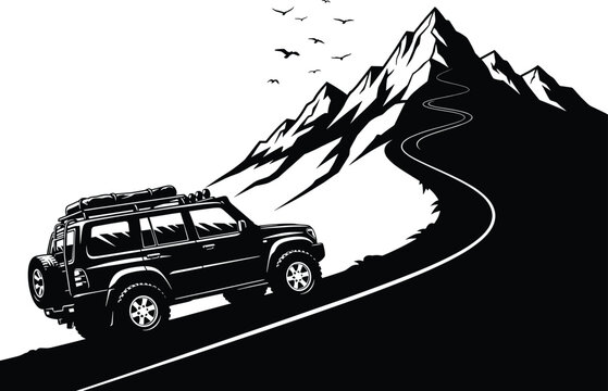 Black off road vehicle climbing winding mountain road with birds, off road vehicle, 4x4, suv, mountain, road, winding, climbing, journey, adventure, travel, exploration, nature, landscape, birds, floc