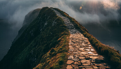 Stone path on a grassy cliff overlooking the ocean under cloudy skies.