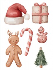 Set of 6 gouache Christmas illustrations: Santa hat, reindeer, gift, gingerbread man, candy cane, ornament, muted tones on white background