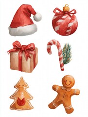Set of 6 gouache Christmas illustrations: Santa hat, reindeer, gift, gingerbread man, candy cane, ornament, muted tones on white background