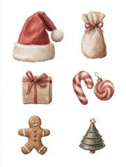 Set of 6 gouache Christmas illustrations: Santa hat, reindeer, gift, gingerbread man, candy cane, ornament, muted tones on white background