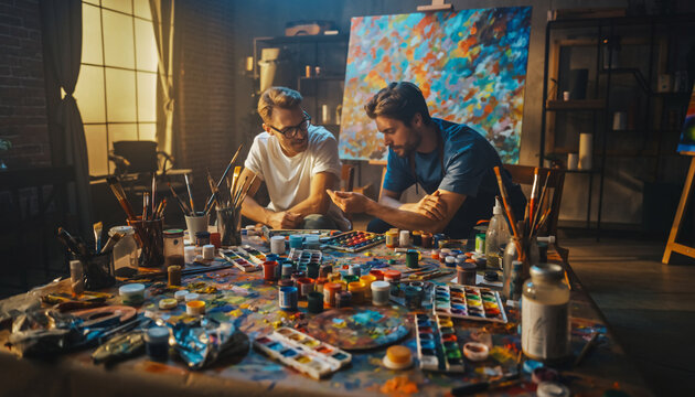 Two artists discuss art supplies in a colorful studio.