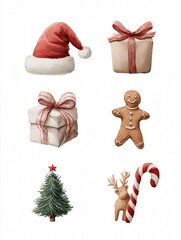 Set of 6 gouache Christmas illustrations: Santa hat, reindeer, gift, gingerbread man, candy cane, ornament, muted tones on white background