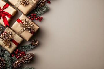 Naklejka premium Multiple festive gift boxes are arranged beside evergreen branches with decorative berries and pinecones