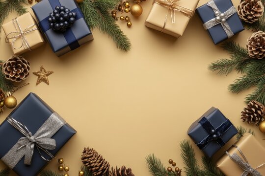 Holiday gifts and festive greenery arranged decoratively around a central copy space - Powered by Adobe