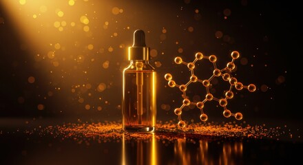 Warm glowing serum bottle beside molecular model under radiant lighting