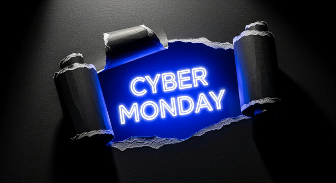 Ripped black paper with bright blue neon Cyber Monday text, representing online sale event, promotion, and digital commerce free space - Powered by Adobe