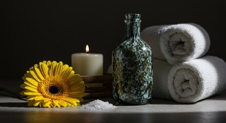 Serene spa environment with candle, flower, and rolled towel setting
