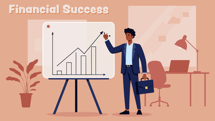 Black Businessman Drawing a Financial Success Growth Chart on Whiteboard