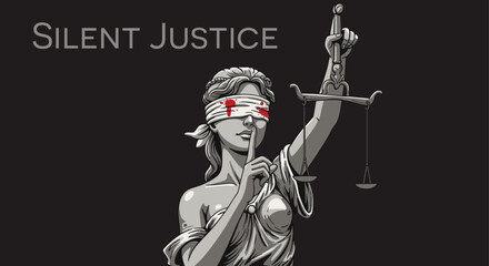 Blind Lady Justice Statue with a Finger Over Bloody Lips and Silent Justice Text