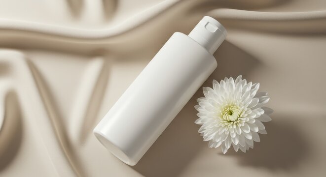 White cosmetic bottle with elegant flower styling for skincare promotion