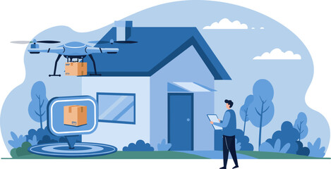 Man Overseeing Drone Delivery of Package to Suburban Home